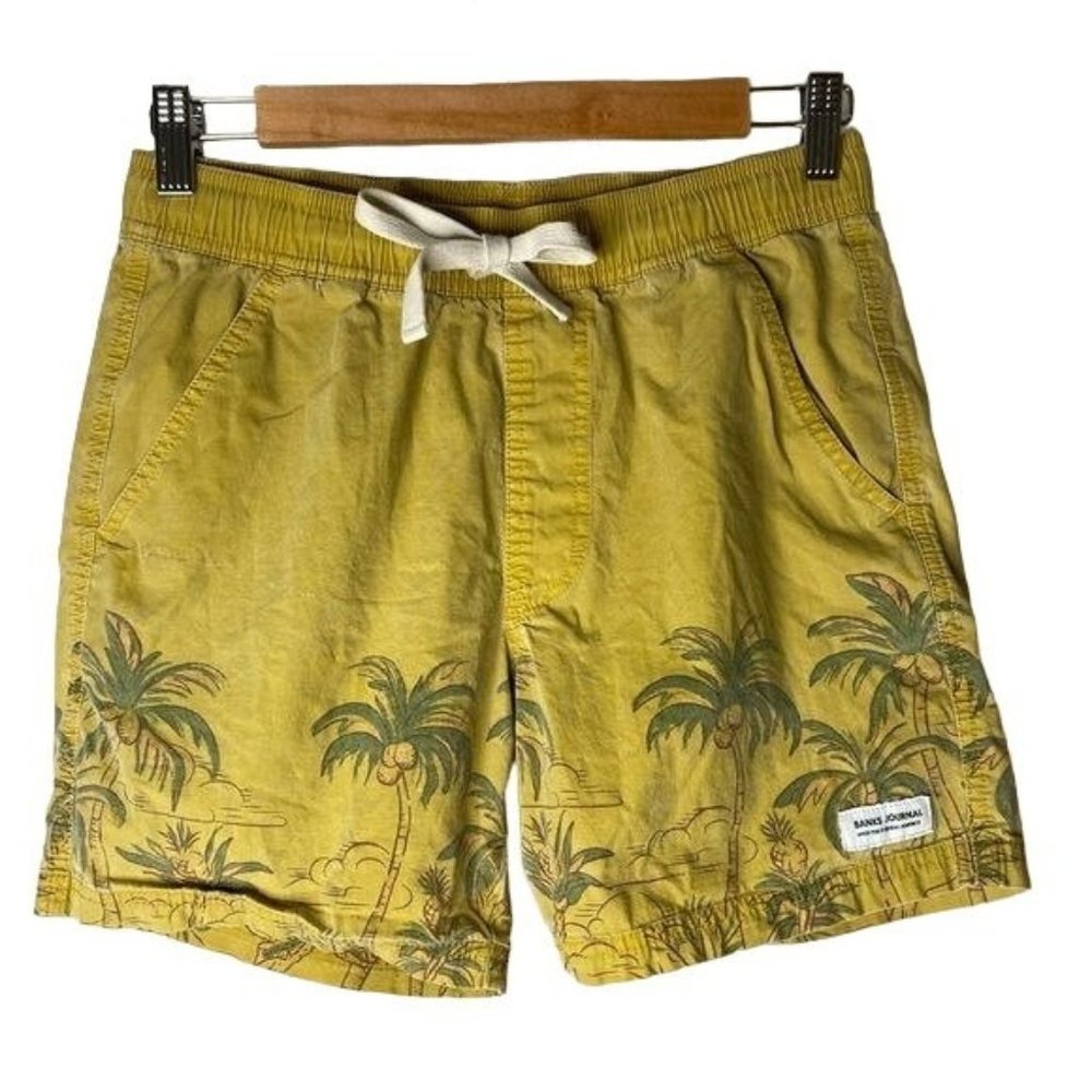 Banks journal mens shorts tan elastic waist pull on palm tree size 28